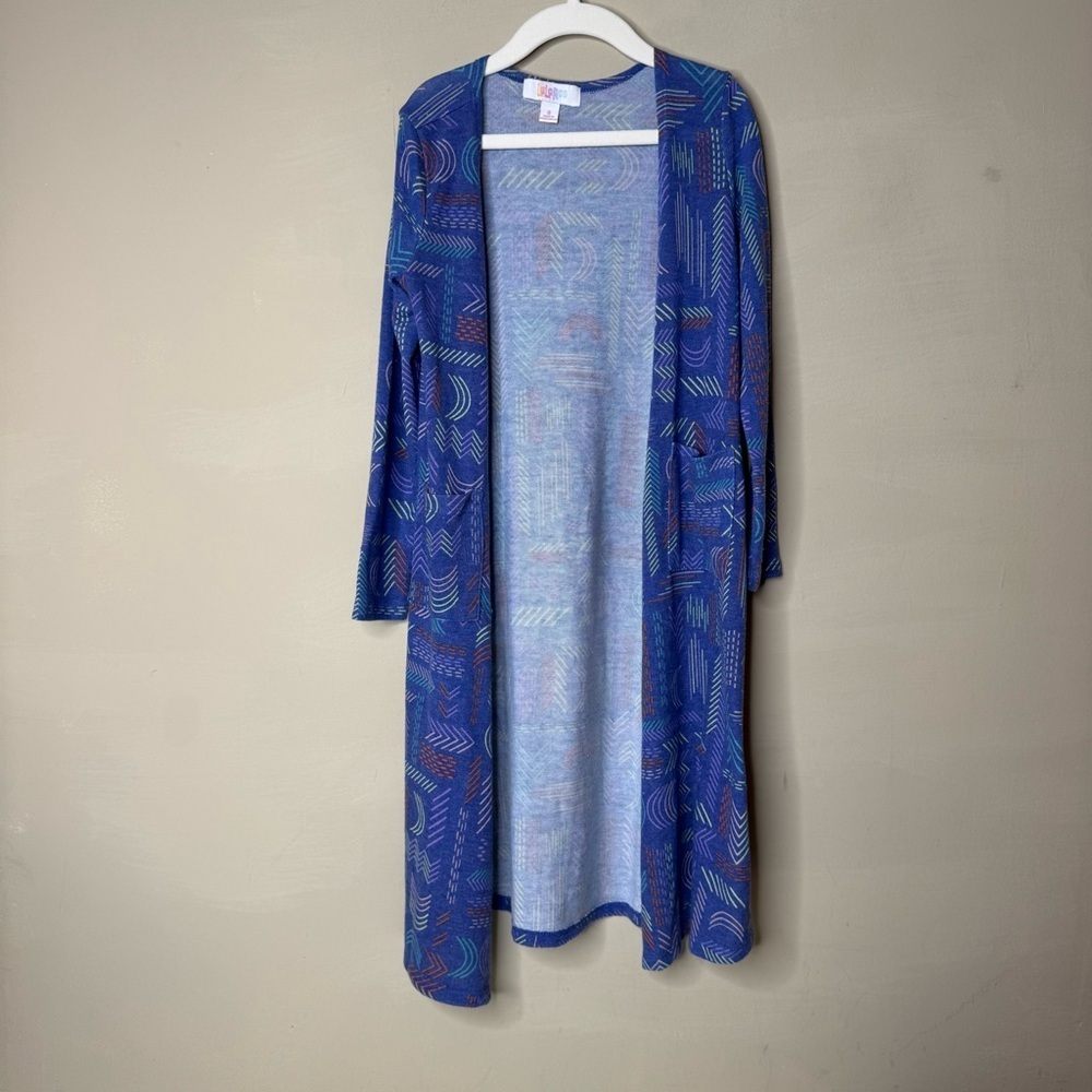 LuLaRoe Kids Sariah Duster Long Cardigan Sweater Size 8 Blue Shapes School
